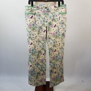 Casual Corner Vintage White Cream Green Butterfly Floral Khaki Pants Size 12